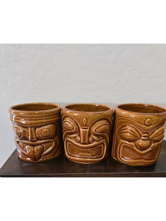 Accoutrements Other - Set Of 3 Accoutrements Tiki Brown Ceramic Mugs 2002 Vintage Collectible Cups